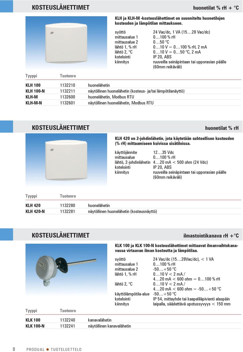 päälle (60mm reikäväli) KLH 100 1132210 huonelähetin KLH 100-N 1132211 näytöllinen huonelähetin (kosteus- ja/tai lämpötilanäyttö) KLH-M 1132600 huonelähetin, Modbus RTU KLH-M-N 1132601 näytöllinen