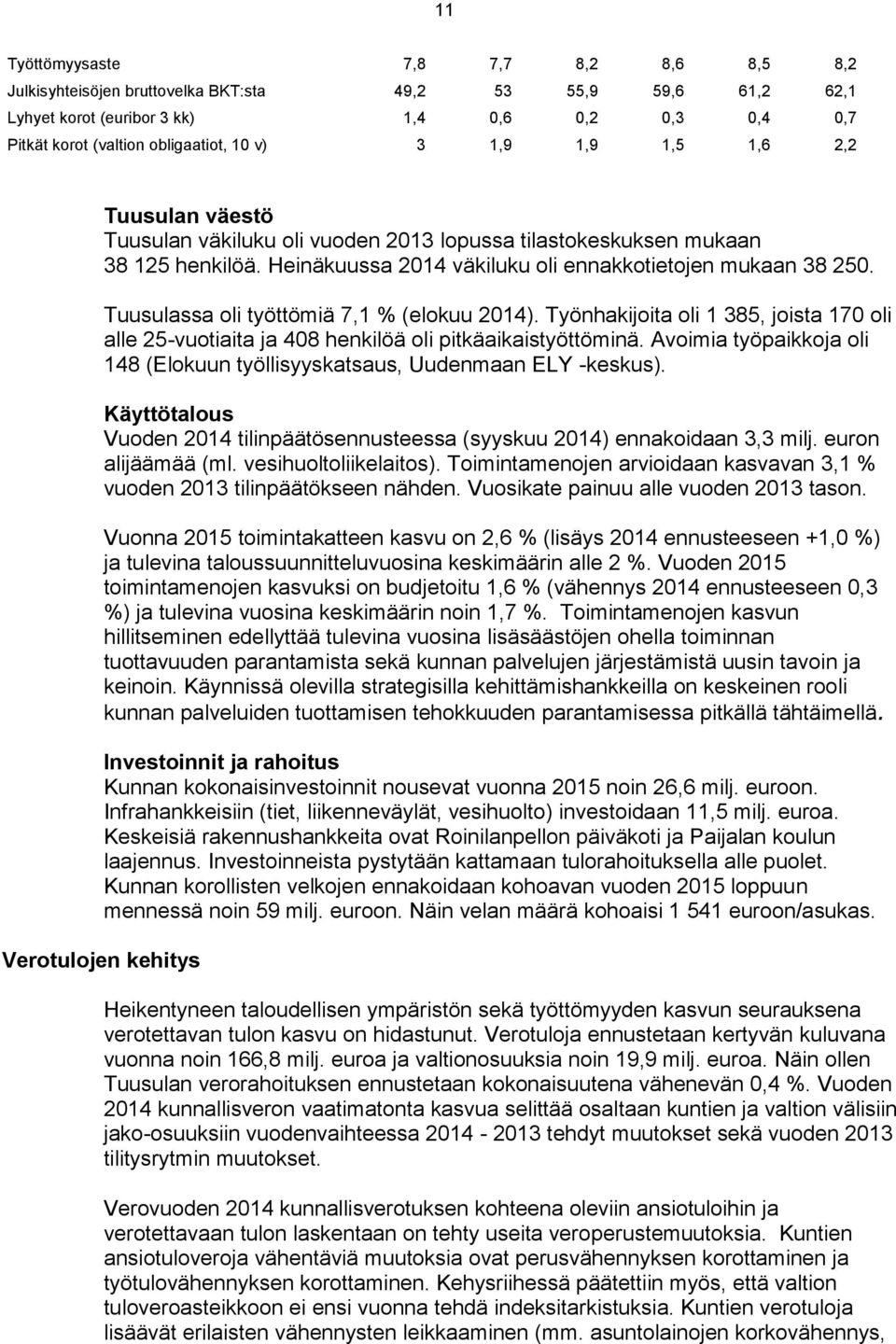 Tuusulassa oli työttömiä 7,1 % (elokuu 2014). Työnhakijoita oli 1 385, joista 170 oli alle 25-vuotiaita ja 408 henkilöä oli pitkäaikaistyöttöminä.