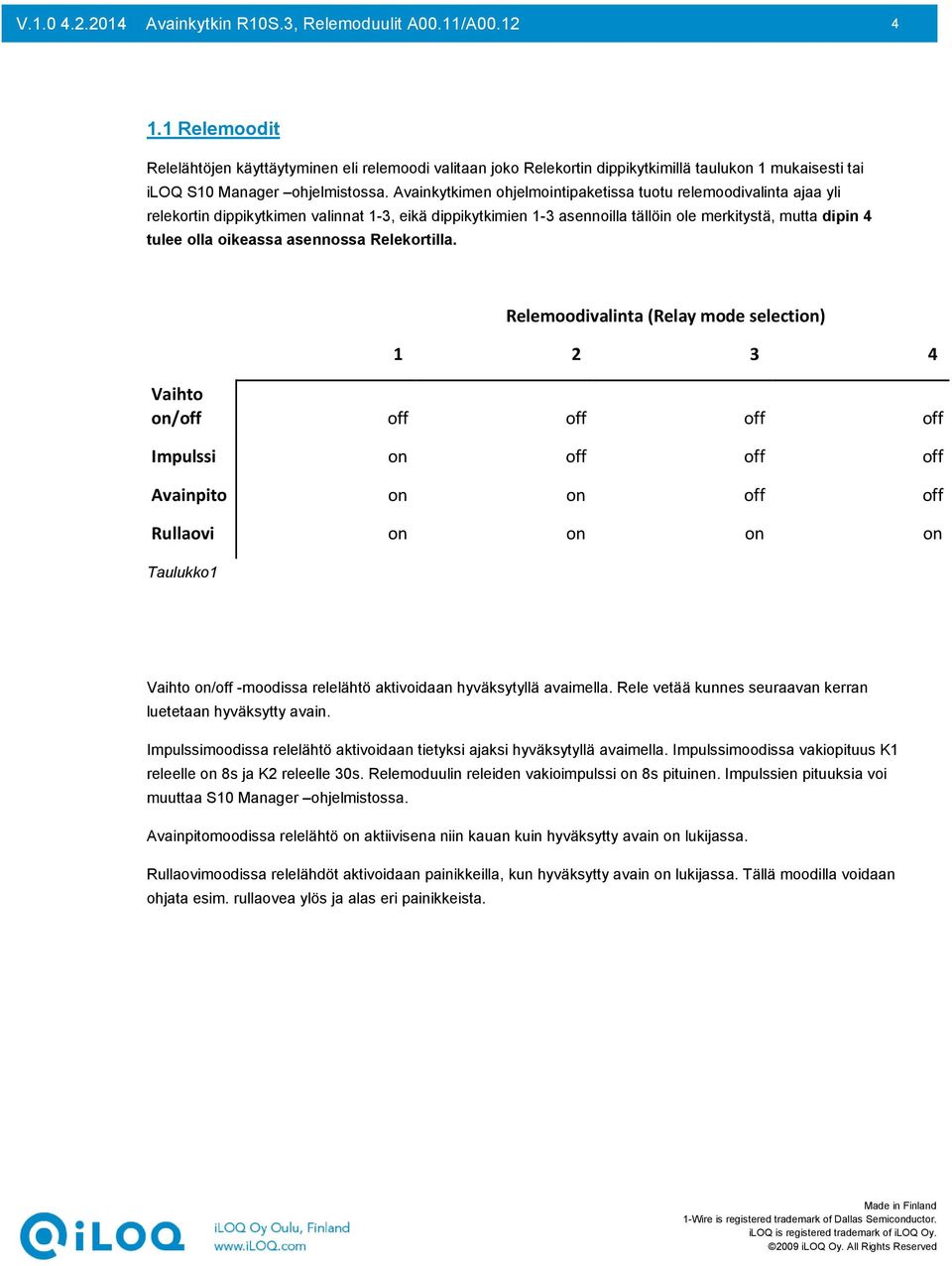 Avainkytkimen ohjelmointipaketissa tuotu relemoodivalinta ajaa yli relekortin dippikytkimen valinnat 1-3, eikä dippikytkimien 1-3 asennoilla tällöin ole merkitystä, mutta dipin 4 tulee olla oikeassa