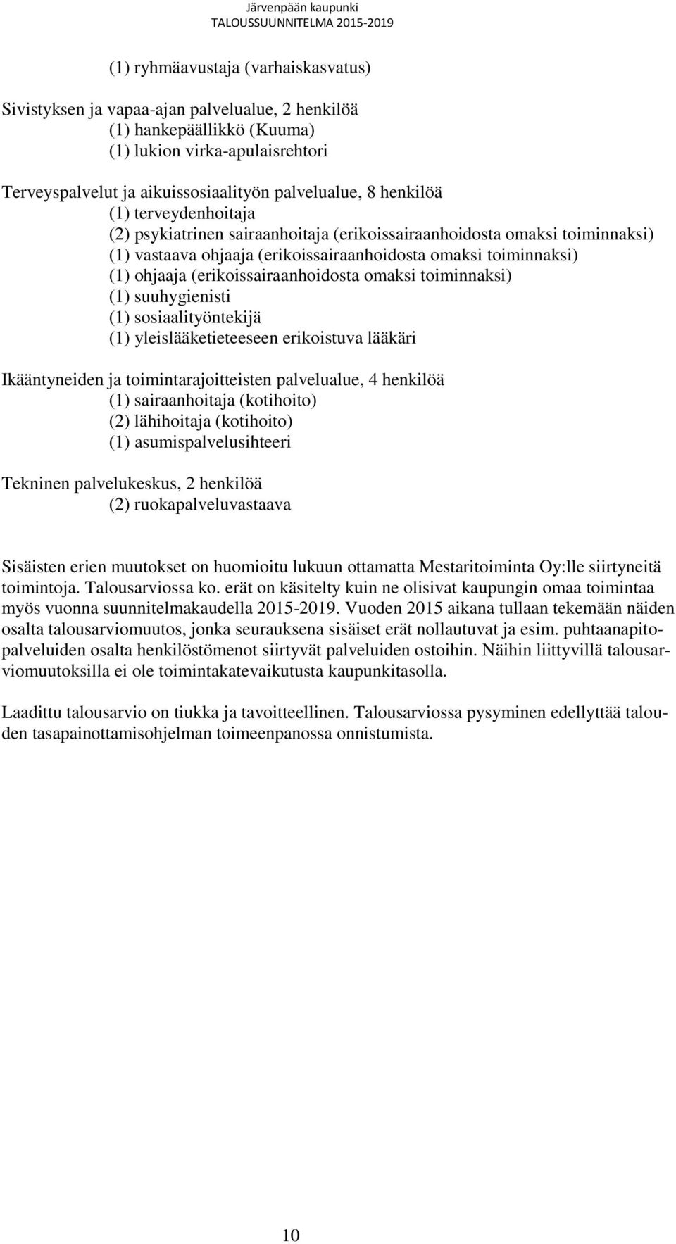 (erikoissairaanhoidosta omaksi toiminnaksi) (1) suuhygienisti (1) sosiaalityöntekijä (1) yleislääketieteeseen erikoistuva lääkäri Ikääntyneiden ja toimintarajoitteisten palvelualue, 4 henkilöä (1)