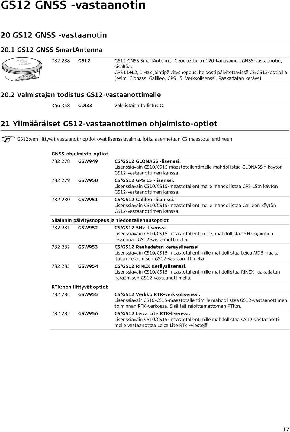 CS/GS12-optioilla (esim. Glonass, Gallileo, GPS L5, Verkkolisenssi, Raakadatan keräys). 20.2 Valmistajan todistus GS12-vastaanottimelle 366 358 GDI33 Valmistajan todistus O.