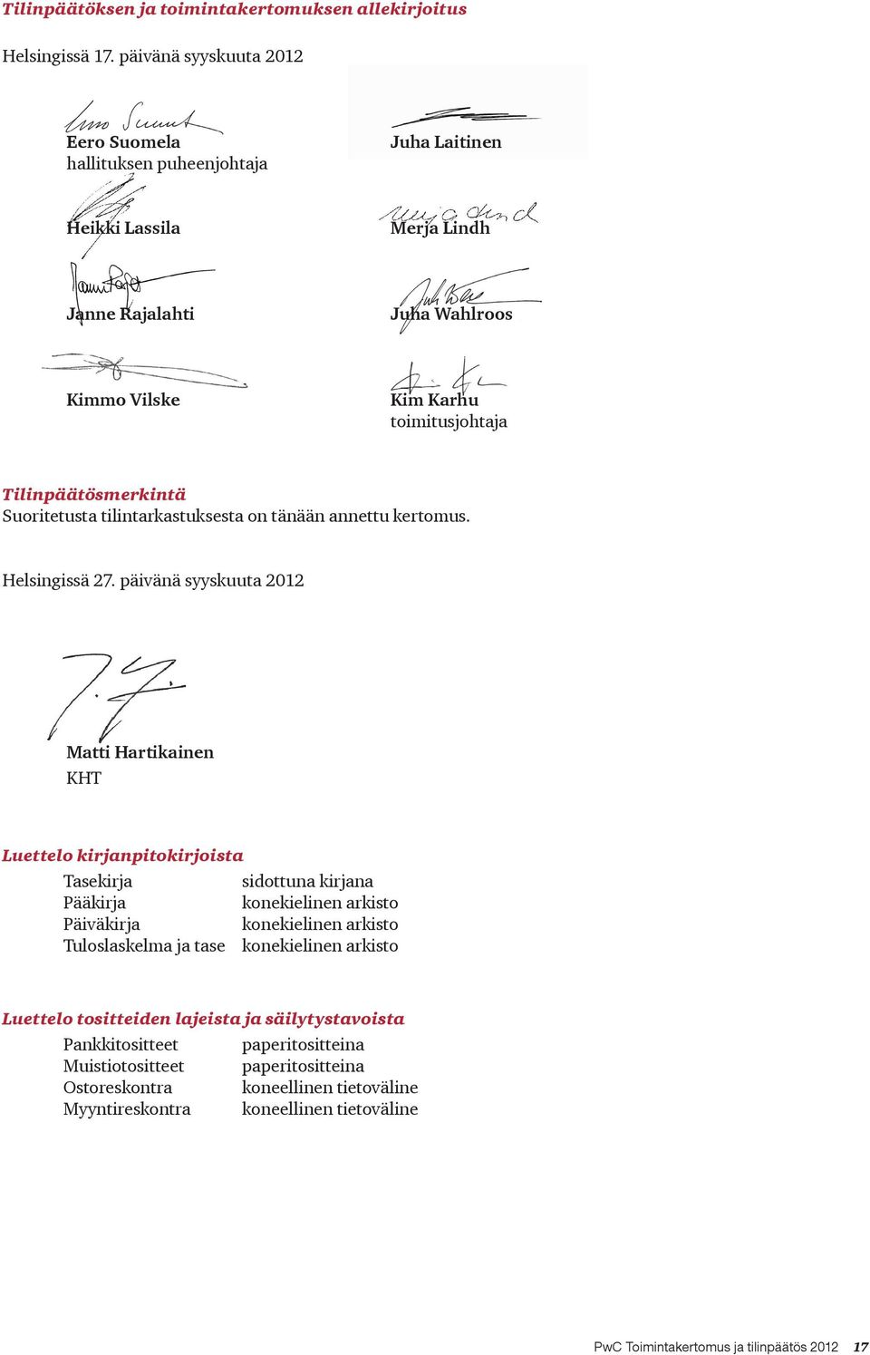 Suoritetusta tilintarkastuksesta on tänään annettu kertomus. Helsingissä 27.