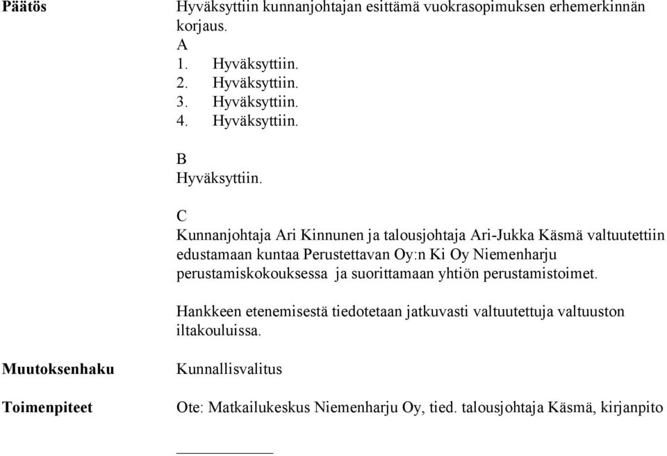 C Kunnanjohtaja Ari Kinnunen ja talousjohtaja Ari-Jukka Käsmä valtuutettiin edustamaan kuntaa Perustettavan Oy:n Ki Oy Niemenharju