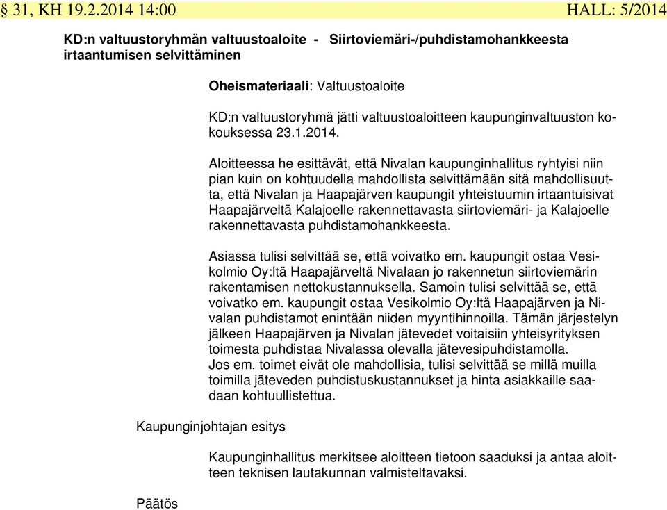 valtuustoaloitteen kaupunginvaltuuston kokouksessa 23.1.2014.