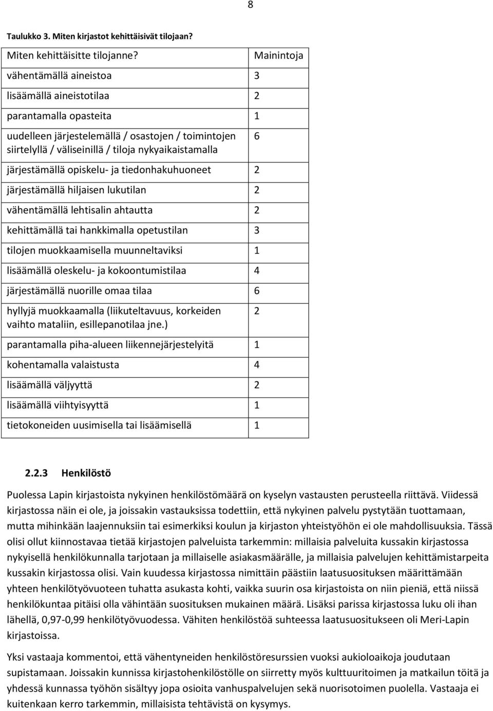 opiskelu- ja tiedonhakuhuoneet 2 järjestämällä hiljaisen lukutilan 2 vähentämällä lehtisalin ahtautta 2 kehittämällä tai hankkimalla opetustilan 3 tilojen muokkaamisella muunneltaviksi 1 lisäämällä