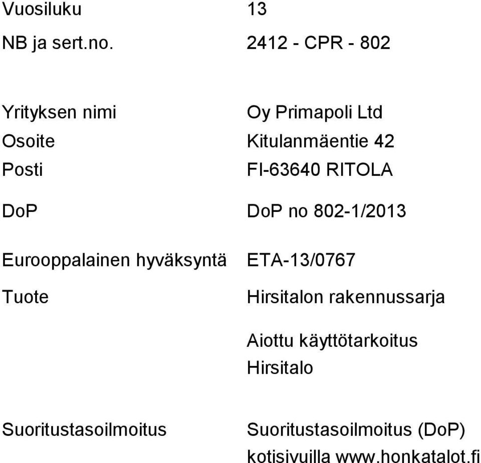 Posti FI-63640 RITOLA DoP DoP no 802-1/2013 Eurooppalainen hyväksyntä Tuote