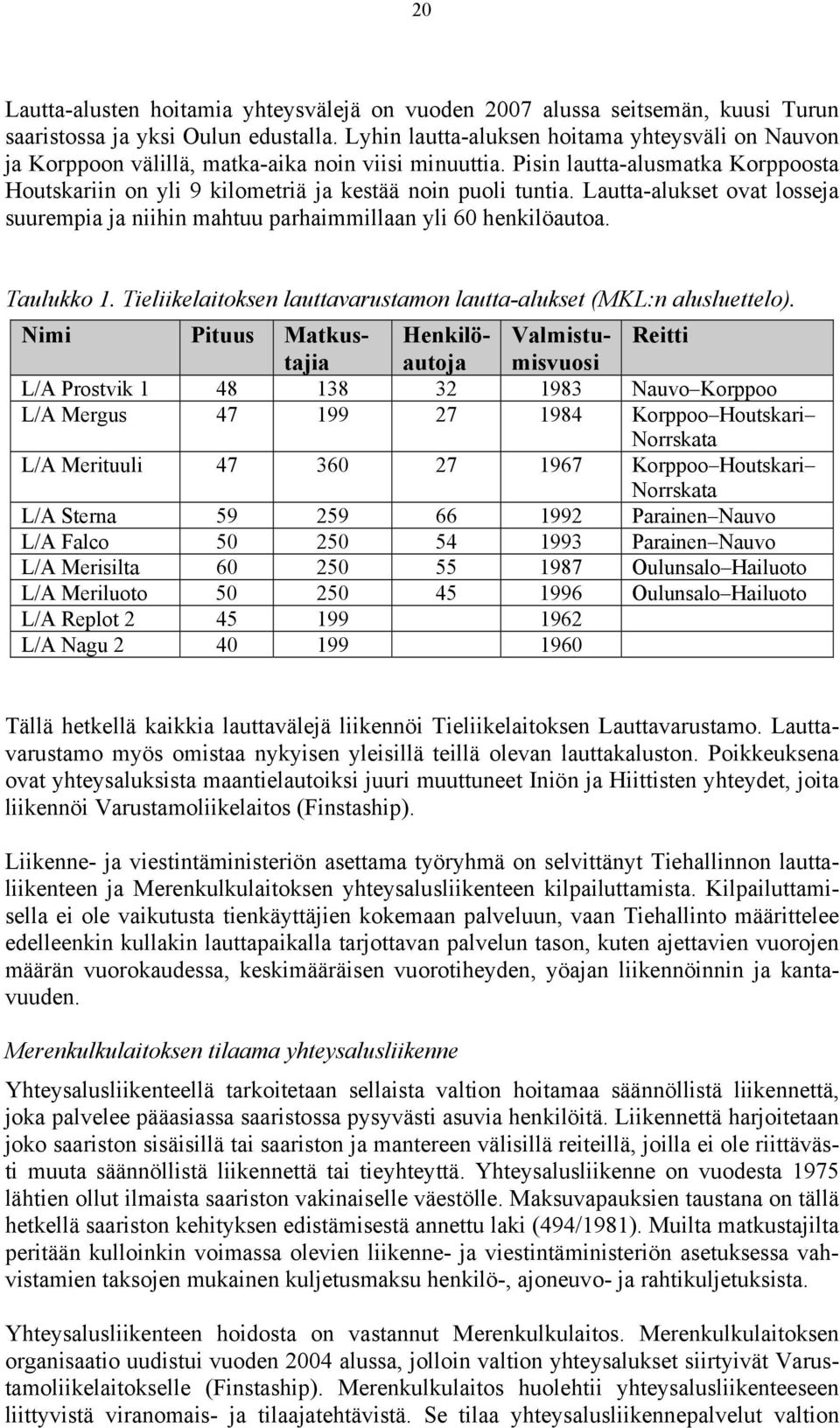 Lautta-alukset ovat losseja suurempia ja niihin mahtuu parhaimmillaan yli 60 henkilöautoa. Taulukko 1. Tieliikelaitoksen lauttavarustamon lautta-alukset (MKL:n alusluettelo).