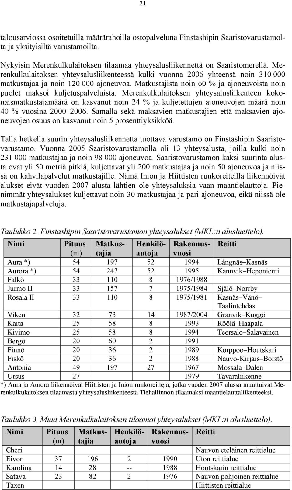 Merenkulkulaitoksen yhteysalusliikenteessä kulki vuonna 2006 yhteensä noin 310 000 matkustajaa ja noin 120 000 ajoneuvoa.