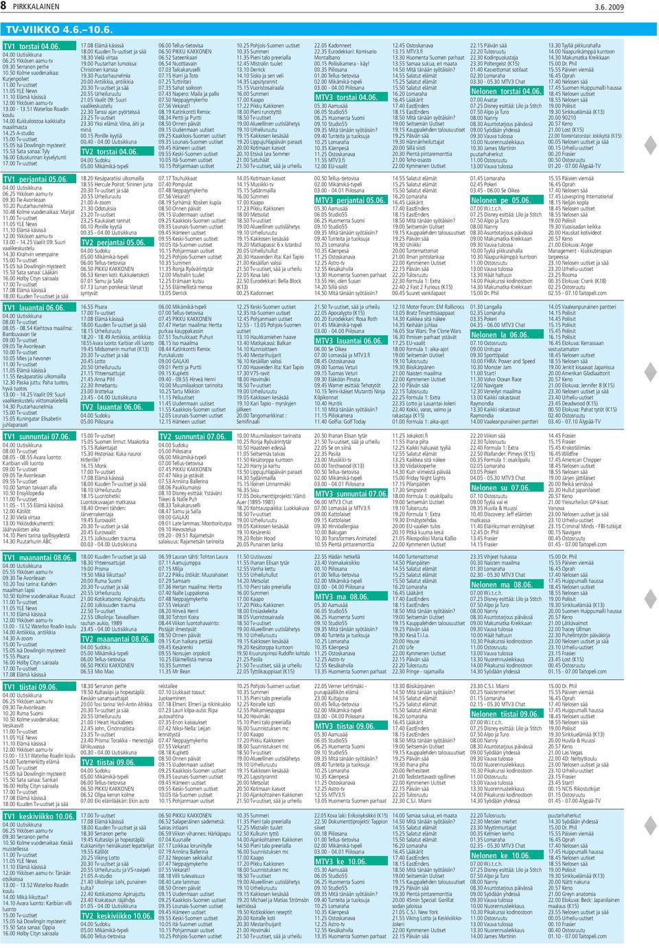 00 Eduskunnan kyselytunti TV1 perjantai 05.06. 06.25 Ykkösen aamu-tv 09.30 Tie Avonleaan 10.20 Puutarhaunelmia 10.48 Kolme vuodenaikaa: Marjat 11.05 YLE News 11.10 Elämä käsissä 12.