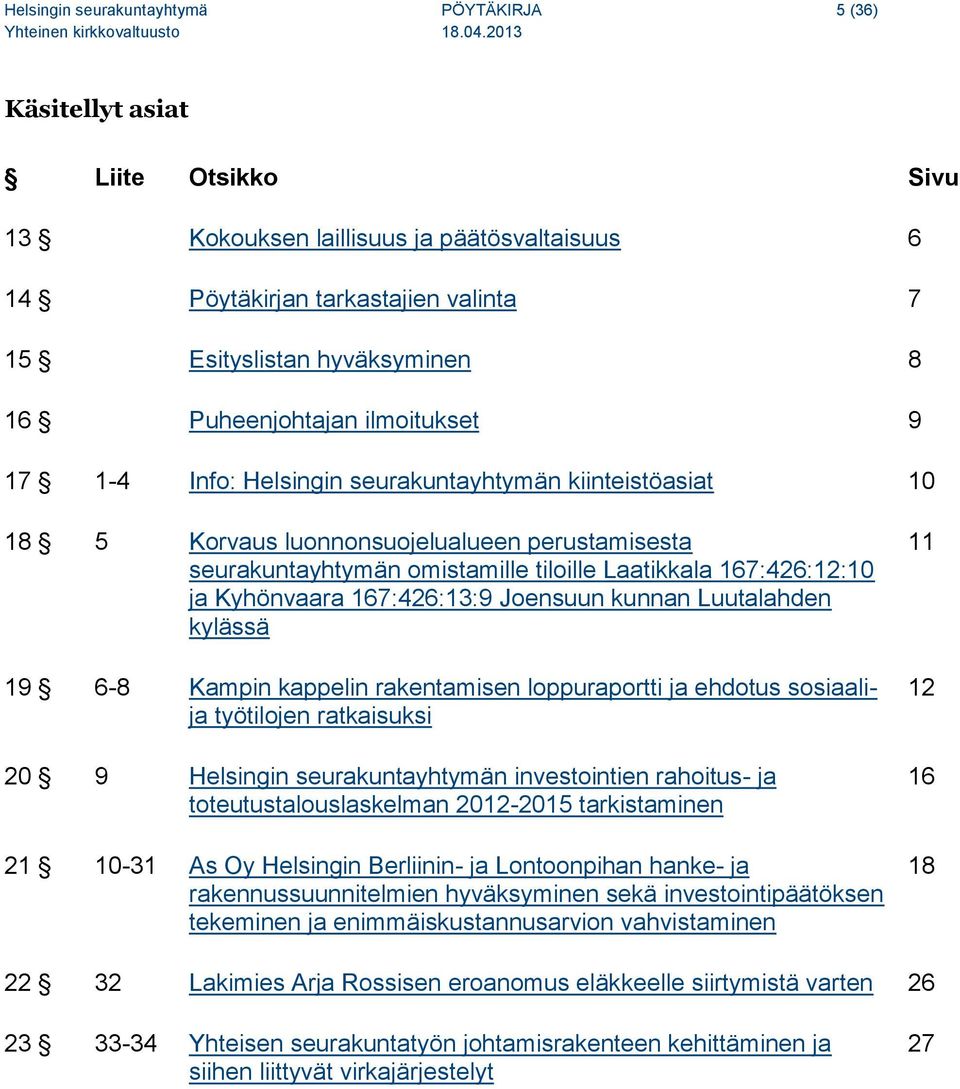 167:426:12:10 ja Kyhönvaara 167:426:13:9 Joensuun kunnan Luutalahden kylässä 19 6-8 Kampin kappelin rakentamisen loppuraportti ja ehdotus sosiaalija työtilojen ratkaisuksi 20 9 Helsingin