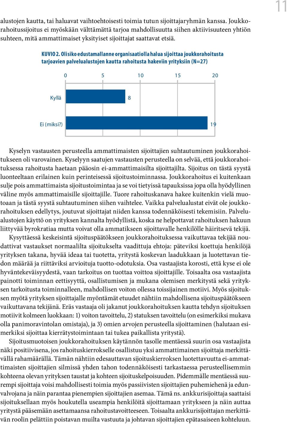 Olisiko edustamallanne organisaatiolla halua sijoittaa joukkorahoitusta tarjoavien palvelualustojen kautta rahoitusta hakeviin yrityksiin (N=27) 0 5 10 15 20 Kyllä 8 Ei (miksi?