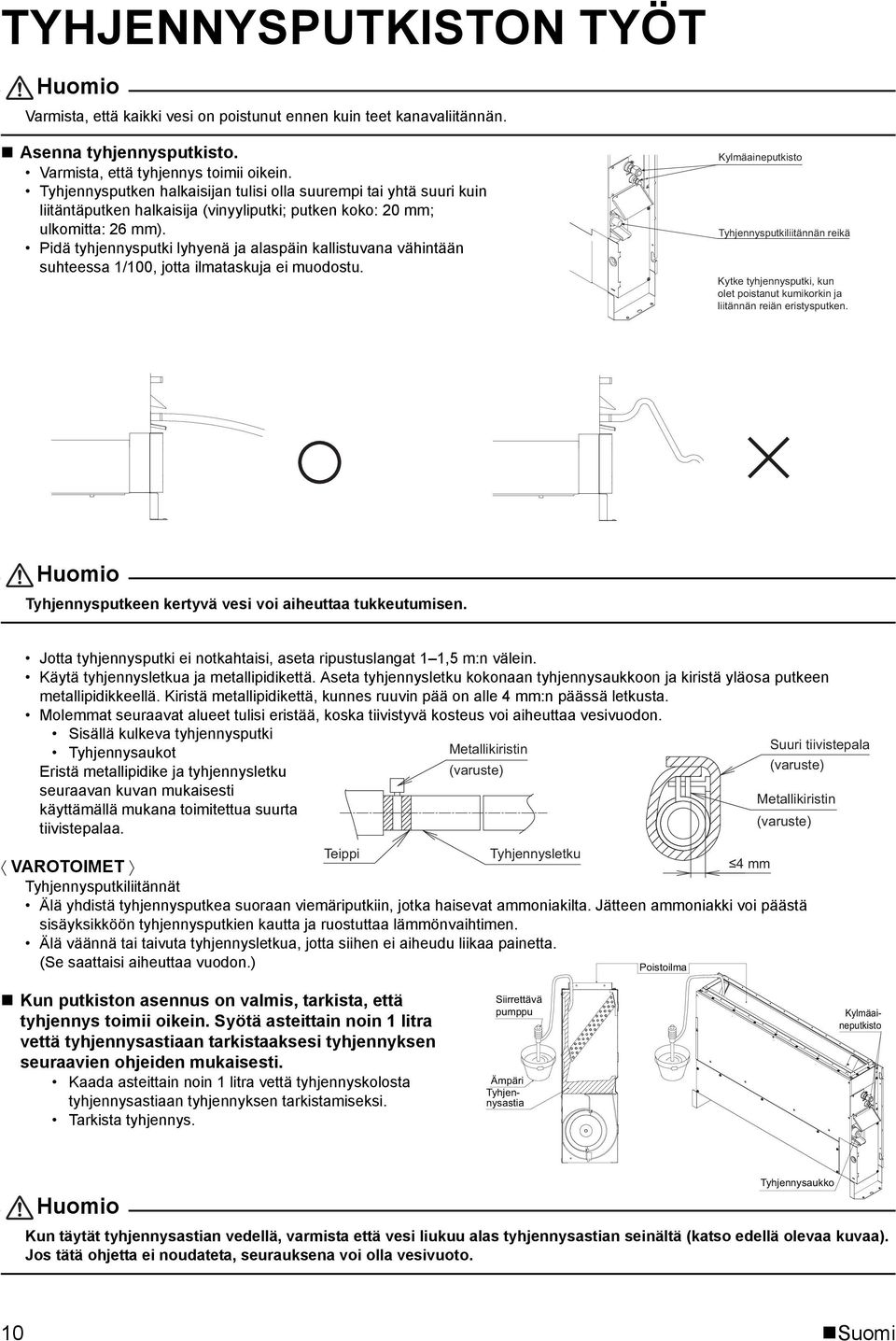 Pidä tyhjennysputki lyhyenä ja alaspäin kallistuvana vähintään suhteessa 1/100, jotta ilmataskuja ei muodostu.