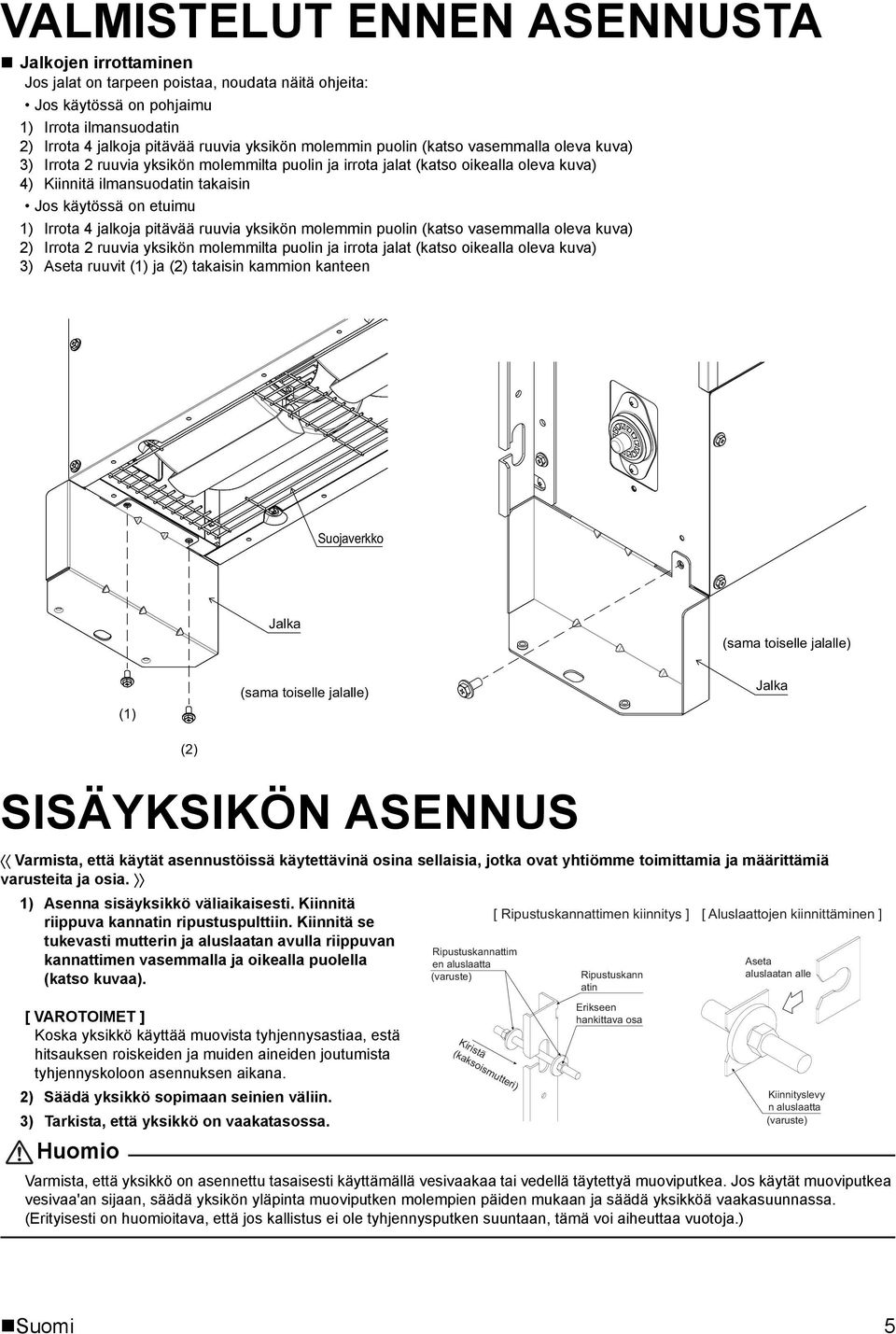 Irrota 4 jalkoja pitävää ruuvia yksikön molemmin puolin (katso vasemmalla oleva kuva) 2) Irrota 2 ruuvia yksikön molemmilta puolin ja irrota jalat (katso oikealla oleva kuva) 3) Aseta ruuvit (1) ja