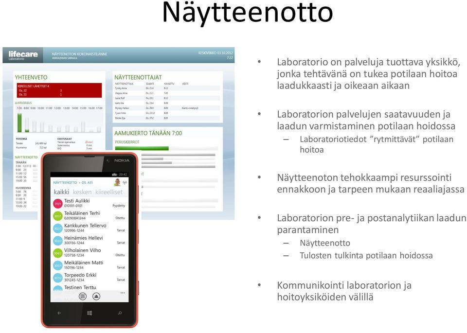 potilaan hoitoa Näytteenoton tehokkaampi resurssointi ennakkoon ja tarpeen mukaan reaaliajassa Laboratorion pre- ja