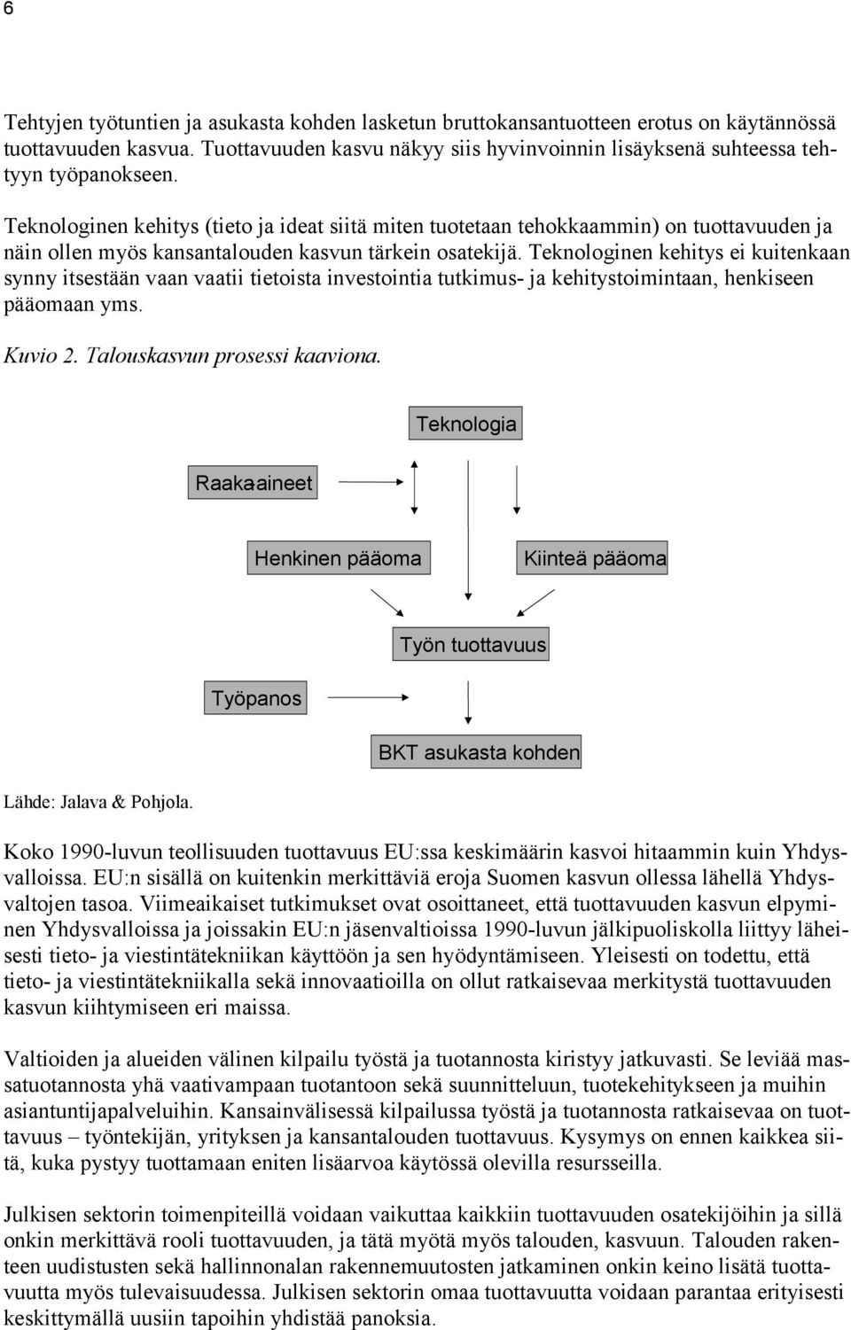 Teknologinen kehitys ei kuitenkaan synny itsestään vaan vaatii tietoista investointia tutkimus- ja kehitystoimintaan, henkiseen pääomaan yms. Kuvio 2. Talouskasvun prosessi kaaviona.