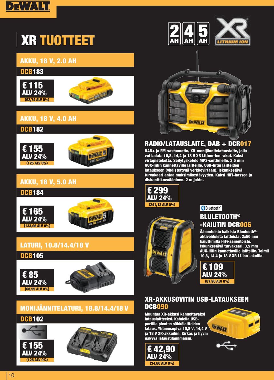 4/18 V DCB102 155 (125 ALV 0%) RADIO/LATAUSLAITE, DAB + DCR017 DAB+ ja FM-vastaanotin, XR-monijännitelatauslaite, jolla voi ladata 10,8, 14,4 ja 18 V XR Litium-Ion -akut. Kaksi virtapistoketta.
