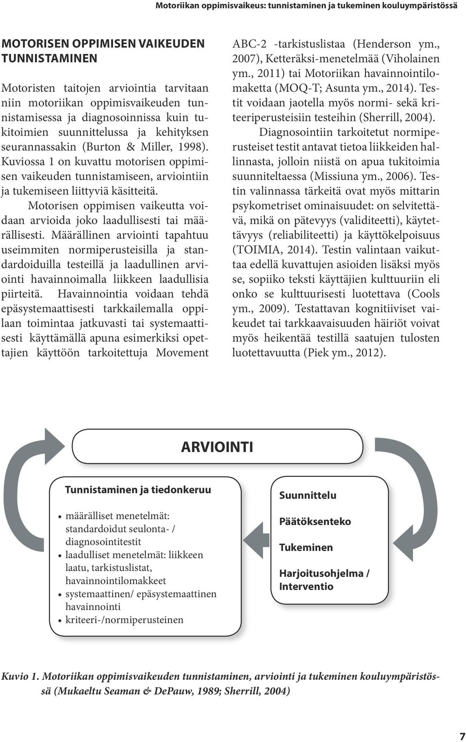 Kuviossa 1 on kuvattu motorisen oppimisen vaikeuden tunnistamiseen, arviointiin ja tukemiseen liittyviä käsitteitä. Motorisen oppimisen vaikeutta voidaan arvioida joko laadullisesti tai määrällisesti.