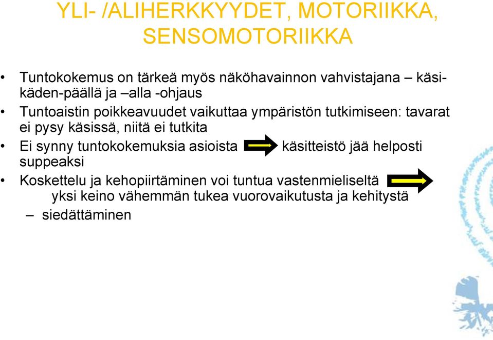 käsissä, niitä ei tutkita Ei synny tuntokokemuksia asioista käsitteistö jää helposti suppeaksi Koskettelu ja