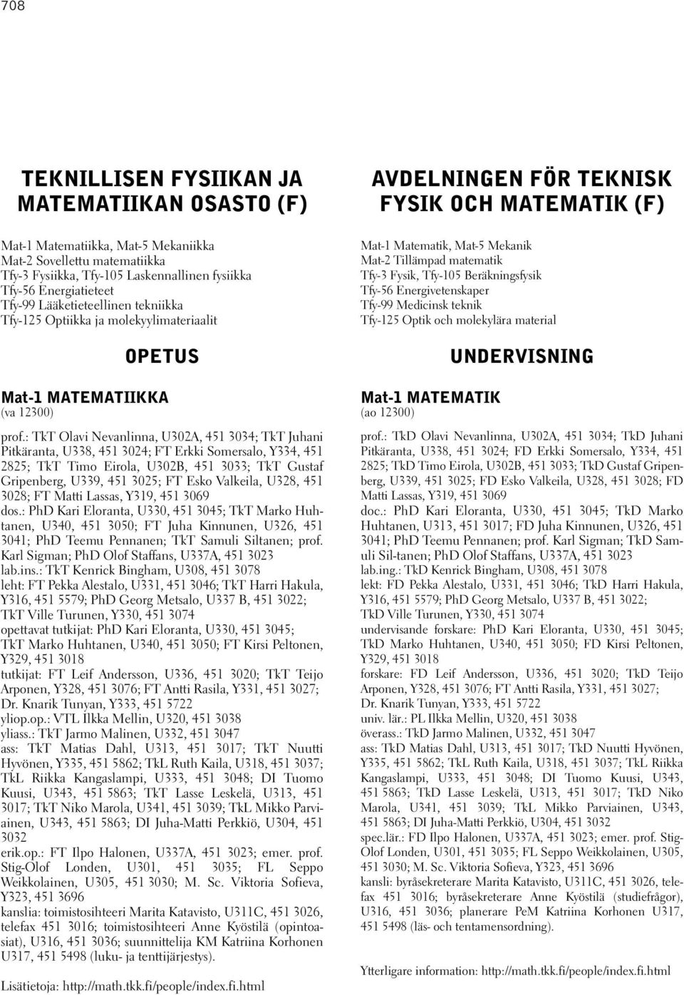 : TkT Olavi Nevanlinna, U302A, 451 3034; TkT Juhani Pitkäranta, U338, 451 3024; FT Erkki Somersalo, Y334, 451 2825; TkT Timo Eirola, U302B, 451 3033; TkT Gustaf Gripenberg, U339, 451 3025; FT Esko