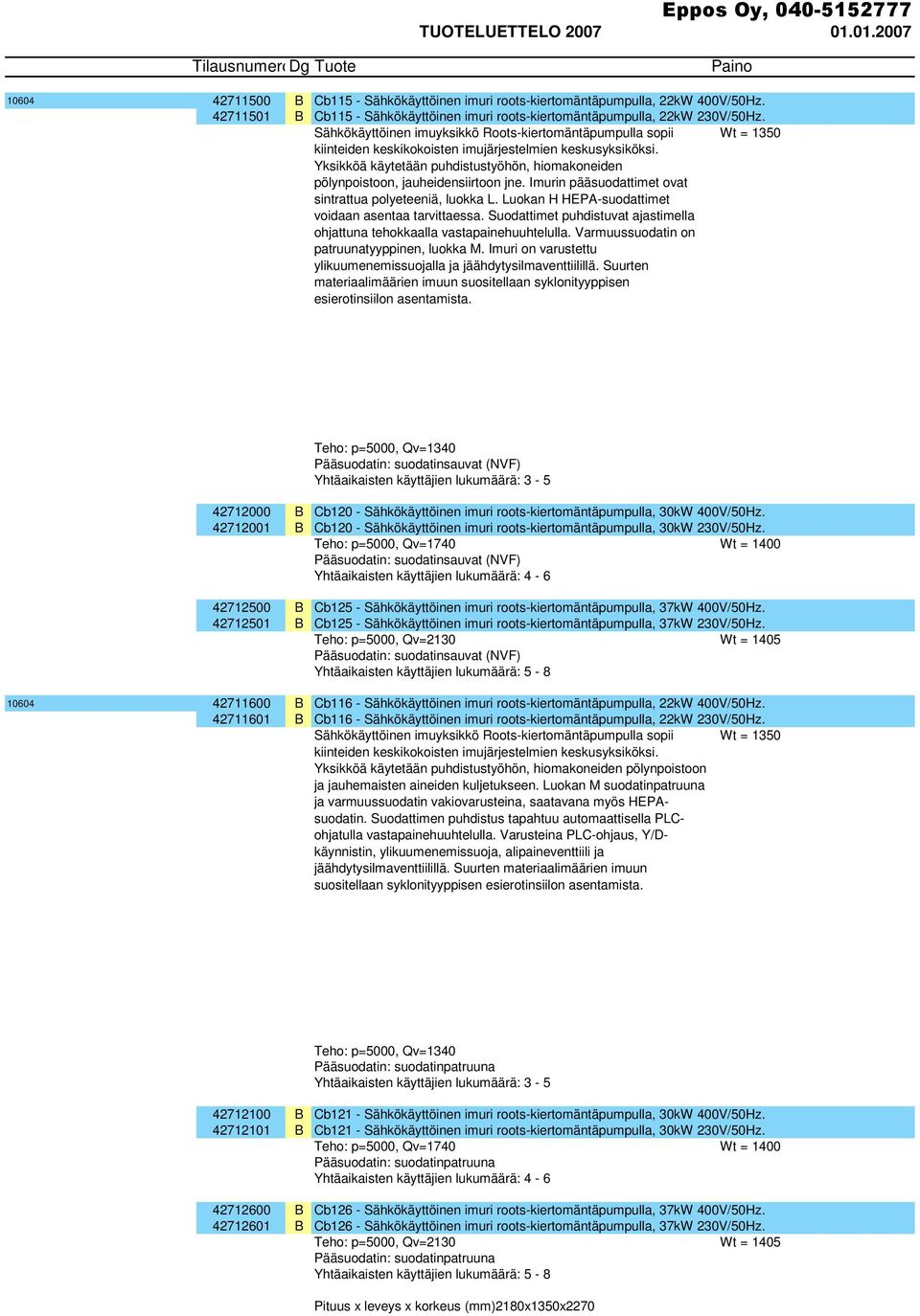 Yksikköä käytetään puhdistustyöhön, hiomakoneiden pölynpoistoon, jauheidensiirtoon jne. Imurin pääsuodattimet ovat sintrattua polyeteeniä, luokka L.