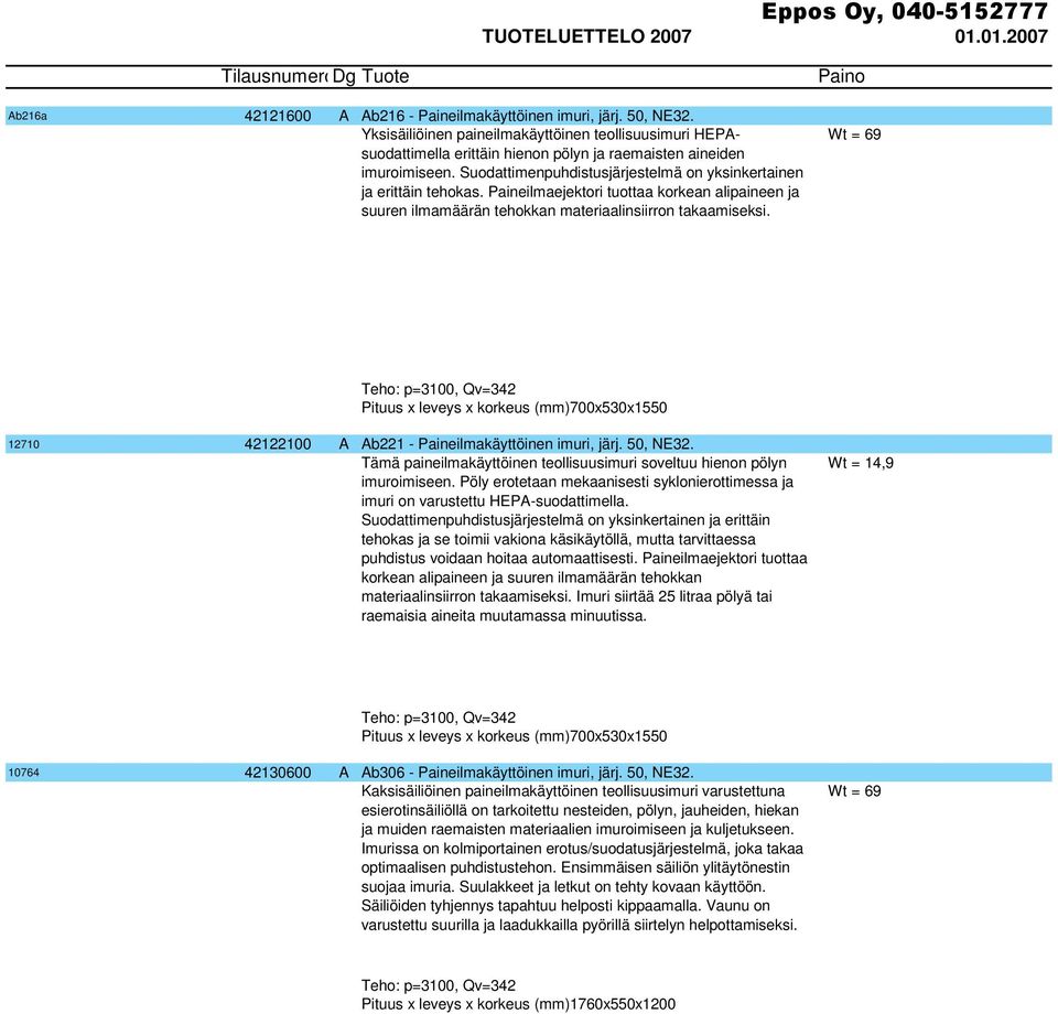 Wt = 69 62 Teho: p=3100, Qv=342 54 Pituus x leveys x korkeus (mm)700x530x1550 12710 42122100 A Ab221 - Paineilmakäyttöinen imuri, järj. 50, NE32.