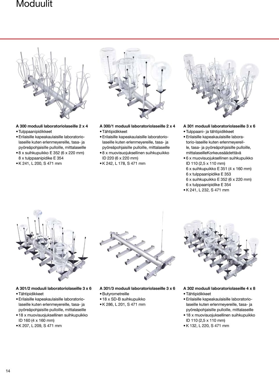 erlenmeyereille, tasa- ja pyöreäpohjaisille pulloille, mittalaseille 8 x muovisuojuksellinen suihkupuikko ID 220 (6 x 220 mm) K 242, L 178, S 471 mm A 301 moduuli laboratoriolaseille 3 x 6 Tulppaani-