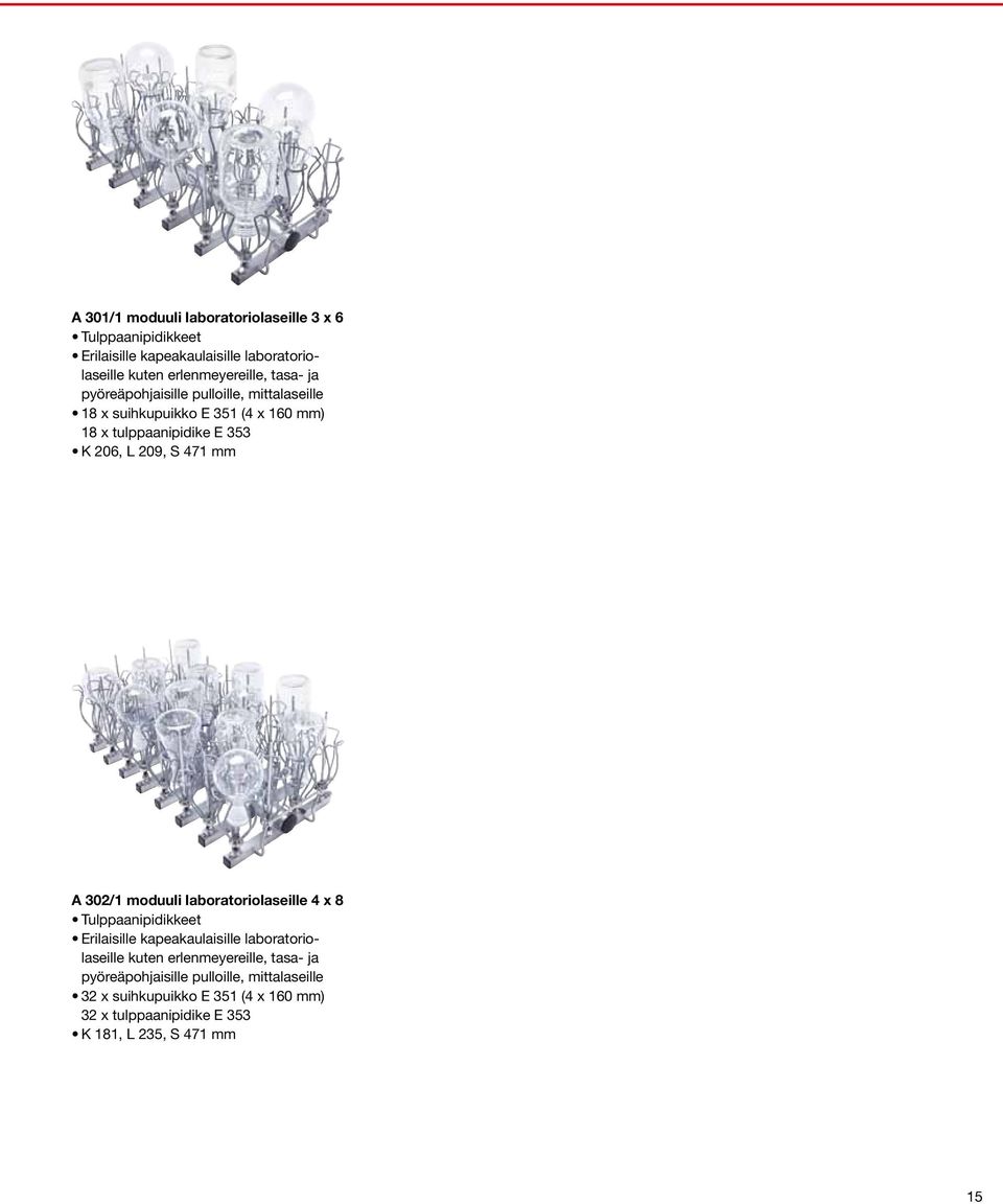 mm A 302/1 moduuli laboratoriolaseille 4 x 8 Tulppaanipidikkeet Erilaisille kapeakaulaisille laboratoriolaseille kuten erlenmeyereille,