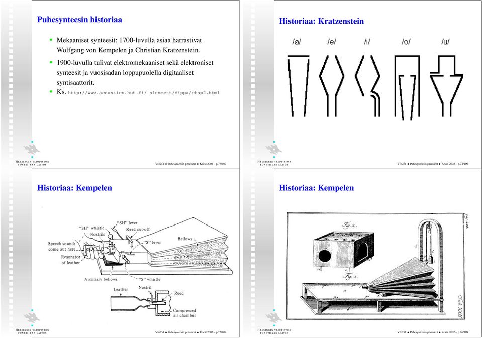 http://www.acoustics.hut.fi/ slemmett/dippa/chap2.html Vfo251 Puhesynteesin perusteet Kevät 2002 p.