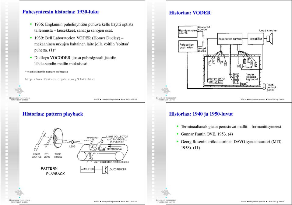 * = ääniesimerkin numero osoitteessa http://www.festvox.org/history/klatt.html Vfo251 Puhesynteesin perusteet Kevät 2002 p.77/109 Vfo251 Puhesynteesin perusteet Kevät 2002 p.