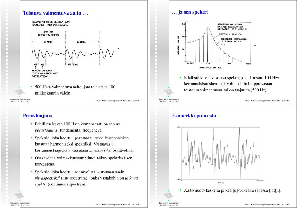 26/109 Perustaajuus Edellisen kuvan 100 Hz:n komponentti on sen ns. perustaajuus (fundamental frequency). Esimerkki puheesta 0.