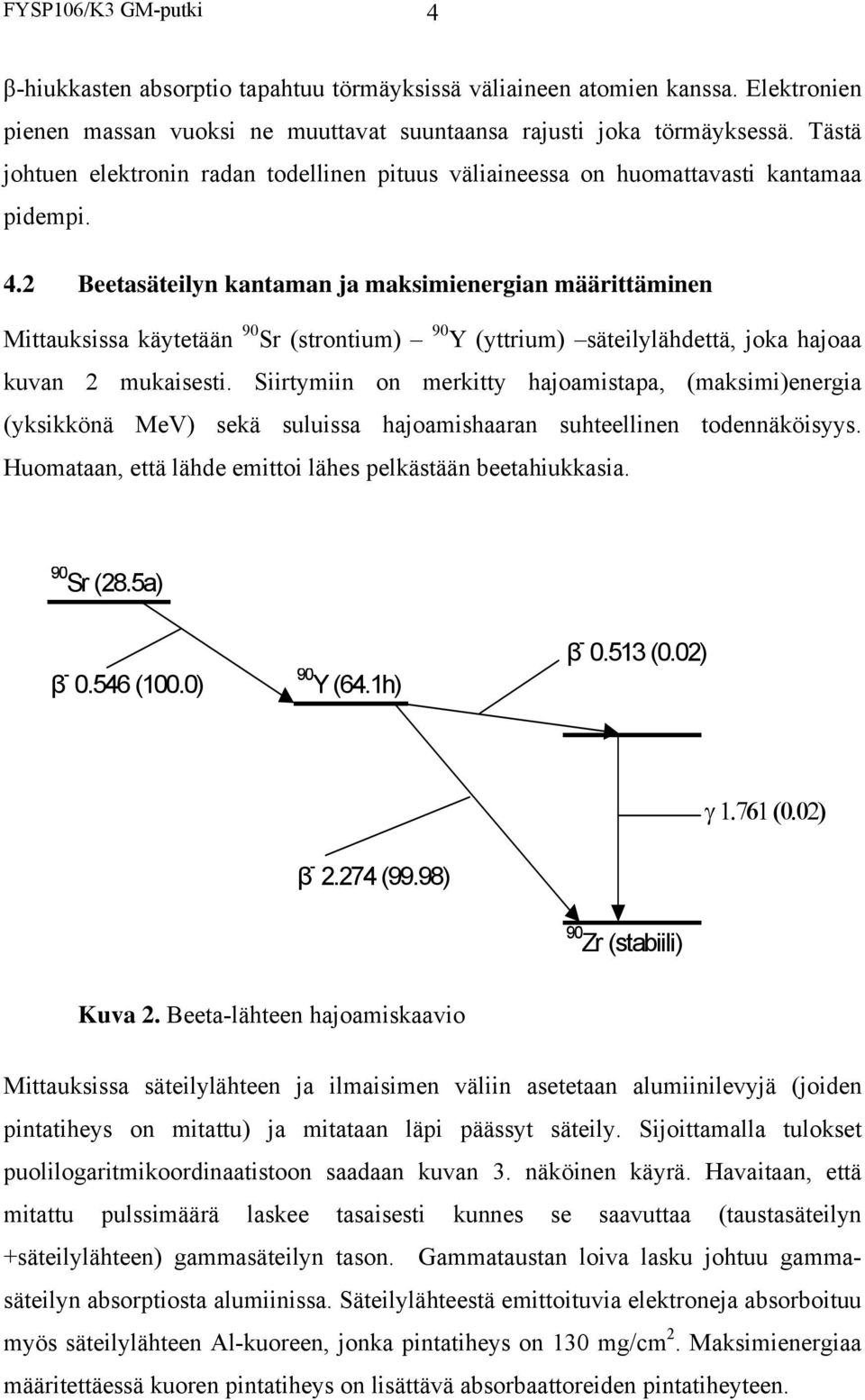 2 Beetasäteilyn kantaman ja maksimienergian määrittäminen Mittauksissa käytetään 90 Sr (strontium) 90 Y (yttrium) säteilylähdettä, joka hajoaa kuvan 2 mukaisesti.