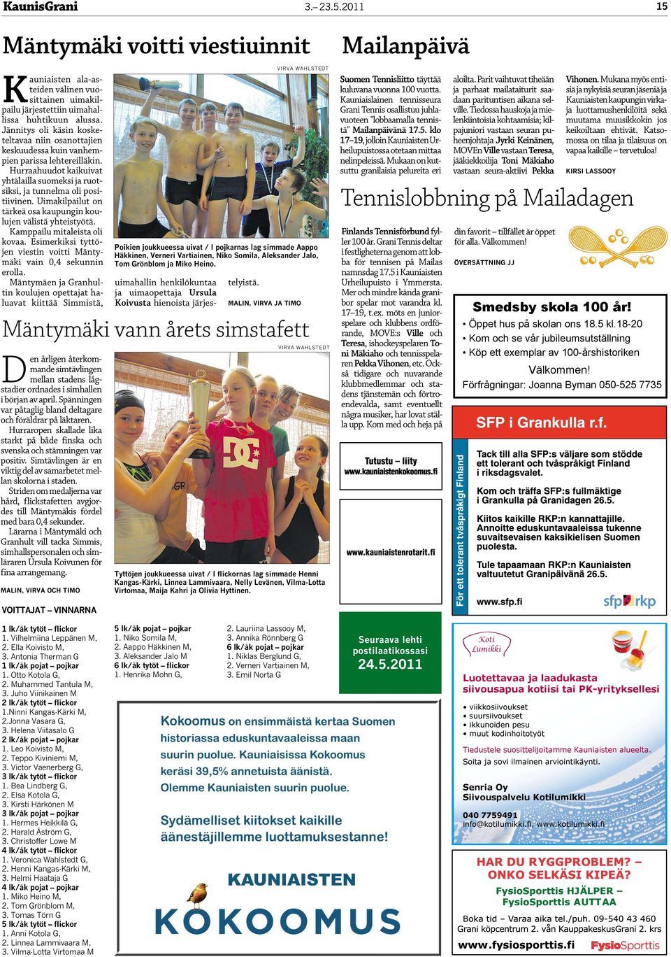 Uimakilpailut on tärkeä osa kaupungin koulujen välistä yhteistyötä. Kamppailu mitaleista oli kovaa. Esimerkiksi tyttöjen viestin voitti Mäntymäki vain 0,4 sekunnin erolla.