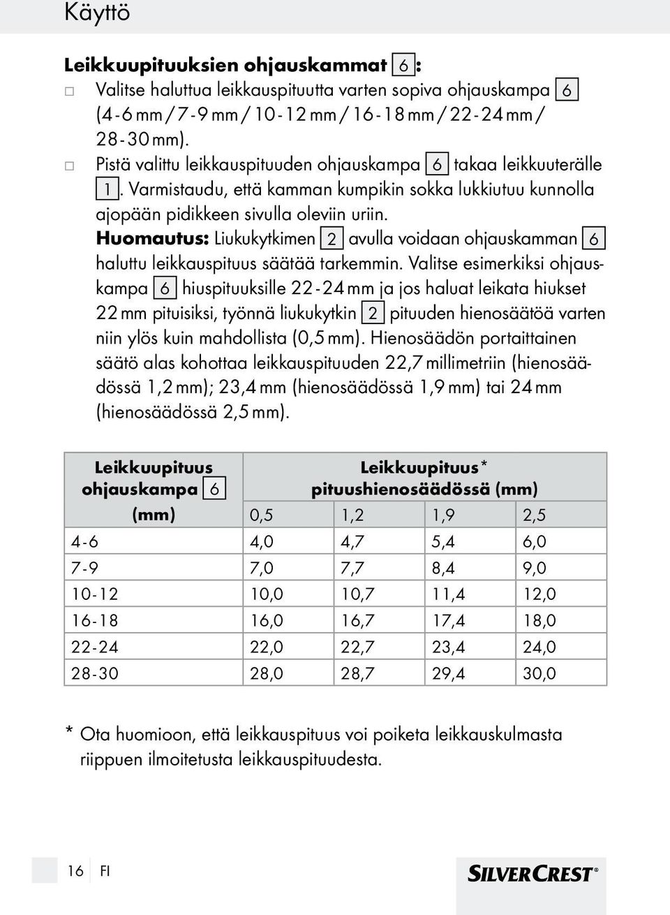 Huomautus: Liukukytkimen 2 avulla voidaan ohauskamman 6 haluttu leikkauspituus säätää tarkemmin.