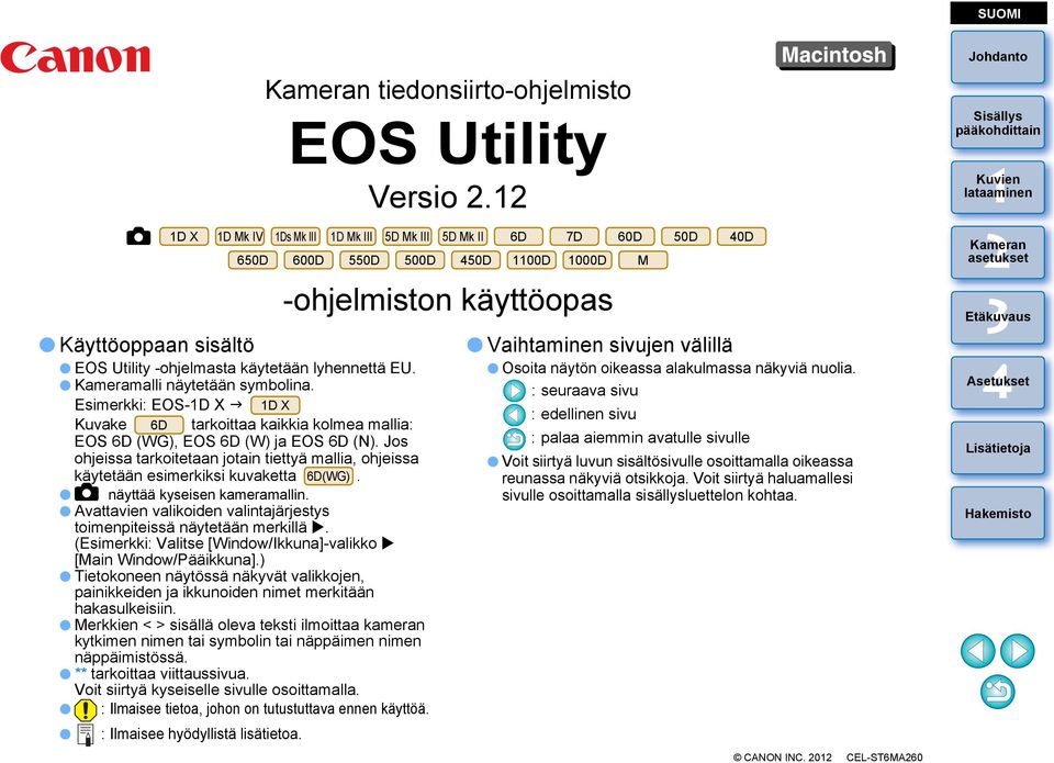 Jos ohjeissa tarkoitetaan jotain tiettyä mallia, ohjeissa käytetään esimerkiksi kuvaketta 6D(WG). näyttää kyseisen kameramallin.