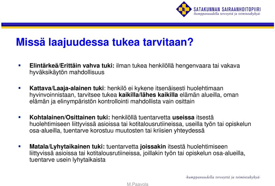 hyvinvoinnistaan, tarvitsee tukea kaikilla/lähes kaikilla elämän alueilla, oman elämän ja elinympäristön kontrollointi mahdollista vain osittain Kohtalainen/Osittainen tuki: henkilöllä