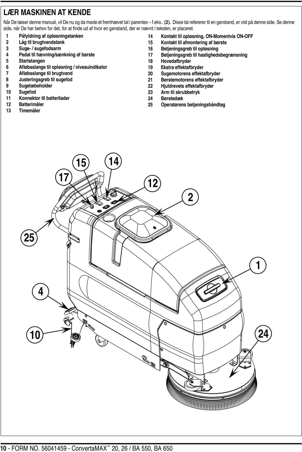 1 Påfyldning af opløsningstanken 2 Låg til brugtvandstank 3 Suge- / sugefodsarm 4 Pedal til hævning/sænkning af børste 5 Startstangen 6 Afløbsslange til opløsning / niveauindikator 7 Afløbsslange til