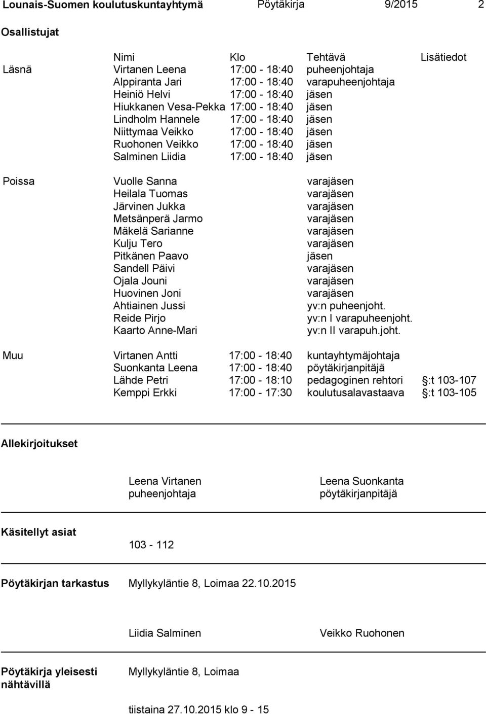 jäsen Poissa Vuolle Sanna varajäsen Heilala Tuomas varajäsen Järvinen Jukka varajäsen Metsänperä Jarmo varajäsen Mäkelä Sarianne varajäsen Kulju Tero varajäsen Pitkänen Paavo jäsen Sandell Päivi