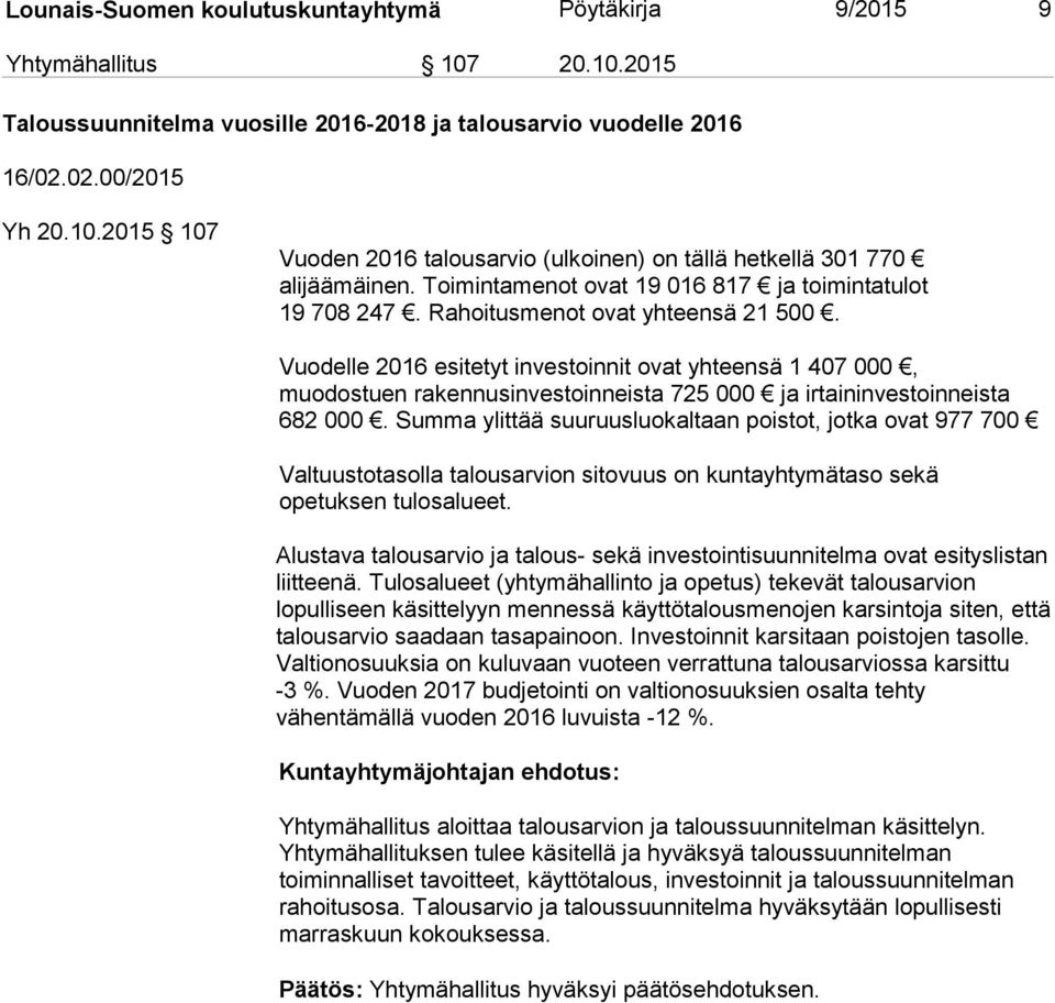 Vuodelle 2016 esitetyt investoinnit ovat yhteensä 1 407 000, muodostuen rakennusinvestoinneista 725 000 ja irtaininvestoinneista 682 000.