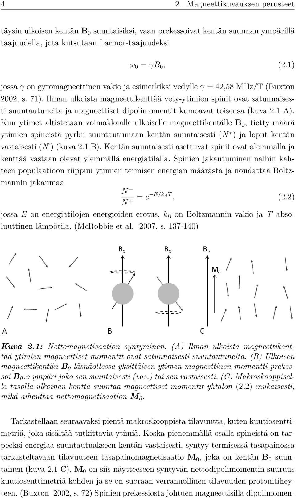 Ilman ulkoista magneettikenttää vety-ytimien spinit ovat satunnaisesti suuntautuneita ja magneettiset dipolimomentit kumoavat toisensa (kuva 2.1 A).