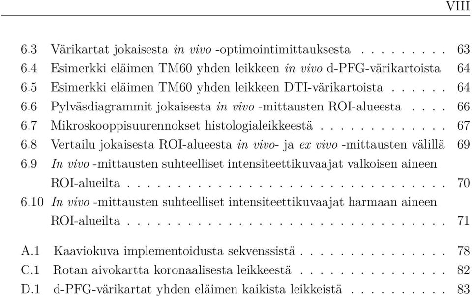 8 Vertailu jokaisesta ROI-alueesta in vivo- ja ex vivo -mittausten välillä 69 6.9 In vivo -mittausten suhteelliset intensiteettikuvaajat valkoisen aineen ROI-alueilta................................ 70 6.