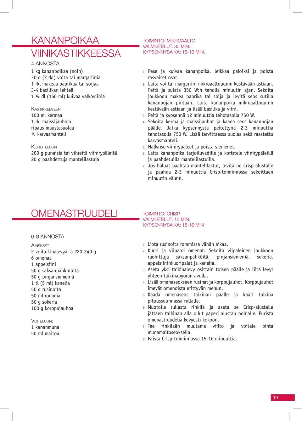 VALMISTELUT: 30 MIN. KYPSENNYSAIKA: 15-16 MIN. 6. 7. Pese ja kuivaa kananpoika, leikkaa paloiksi ja poista rasvaiset osat. Laita voi tai margariini mikroaaltouunin kestävään astiaan.