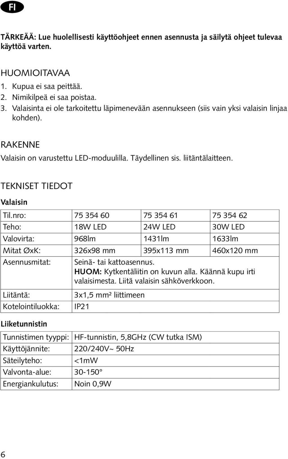 TEKNISET TIEDOT Valaisin Til.