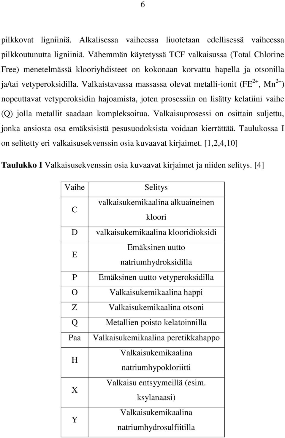 Valkaistavassa massassa olevat metalli-ionit (FE 2+, Mn 2+ ) nopeuttavat vetyperoksidin hajoamista, joten prosessiin on lisätty kelatiini vaihe (Q) jolla metallit saadaan kompleksoitua.