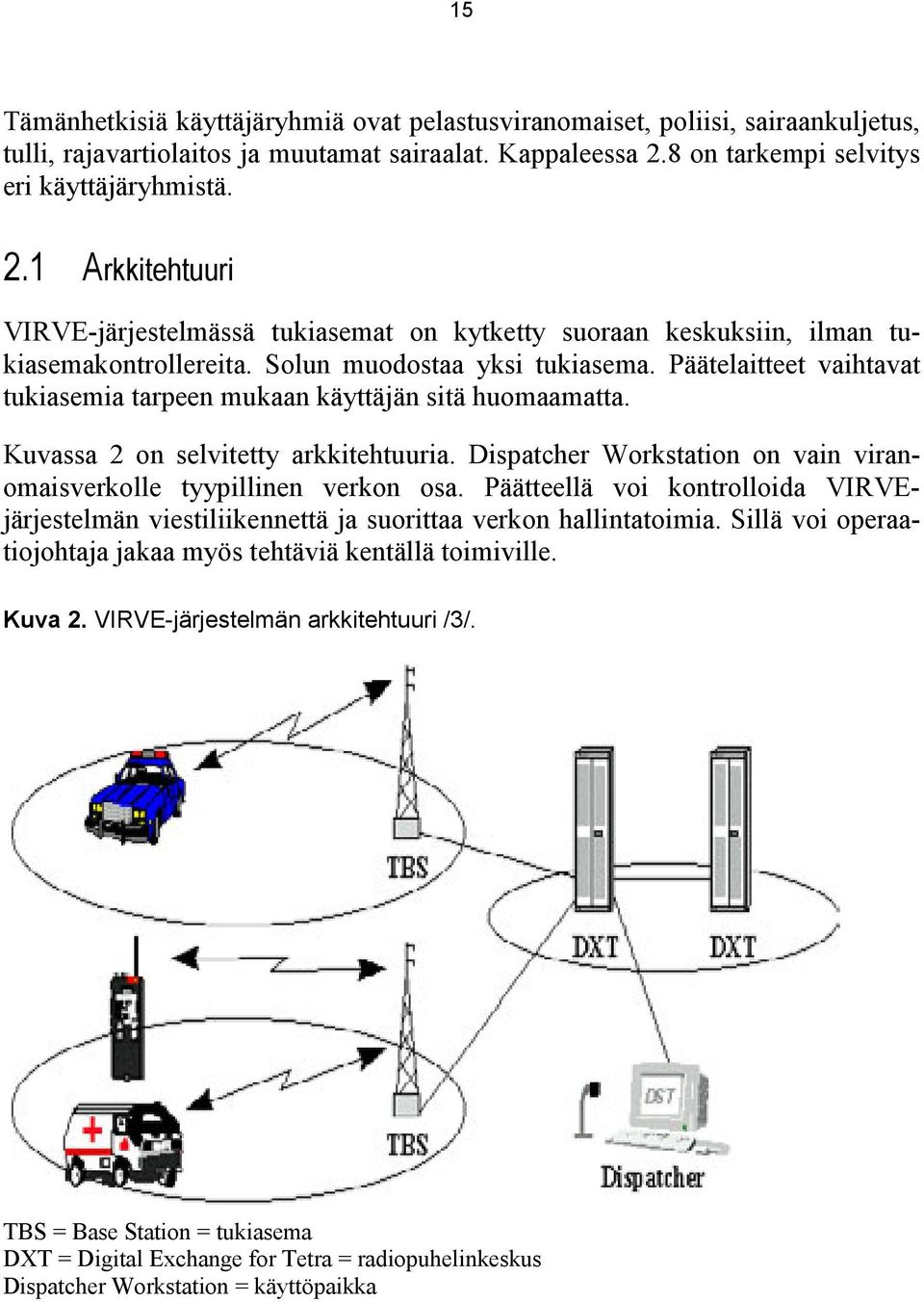 Päätelaitteet vaihtavat tukiasemia tarpeen mukaan käyttäjän sitä huomaamatta. Kuvassa 2 on selvitetty arkkitehtuuria. Dispatcher Workstation on vain viranomaisverkolle tyypillinen verkon osa.