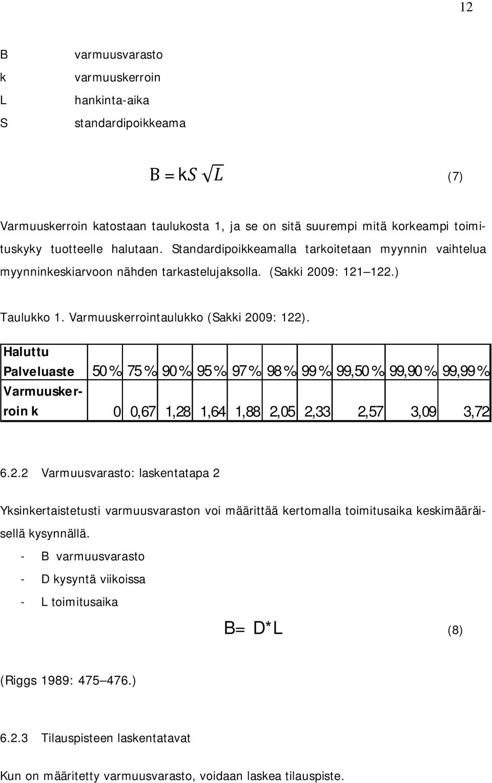 Haluttu Palveluaste 50 % 75 % 90 % 95 % 97 % 98 % 99 % 99,50 % 99,90 % 99,99 % Varmuuskerroin k 0 0,67 1,28