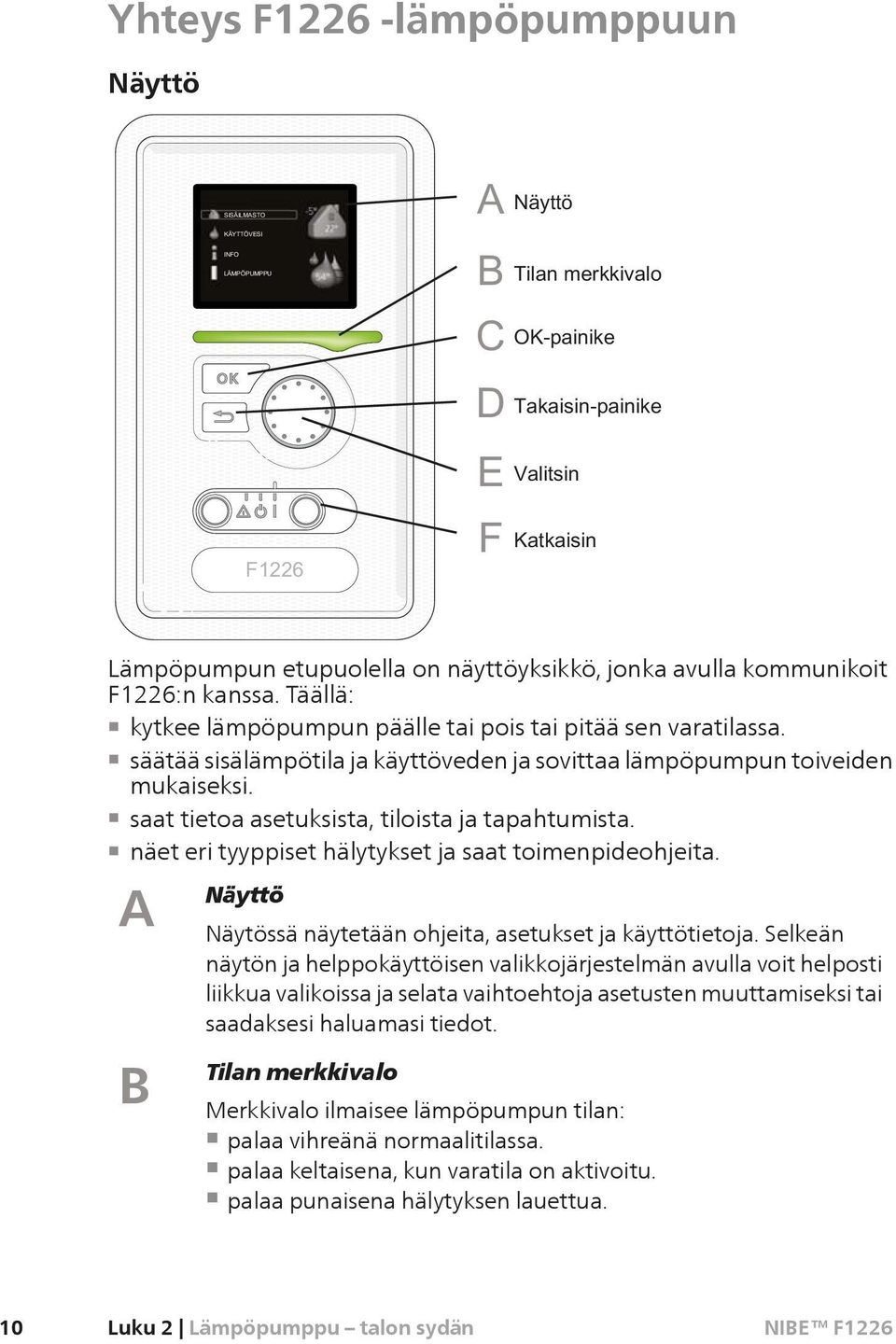 A Näyttö Näytössä näytetään ohjeita, asetukset ja käyttötietoja.