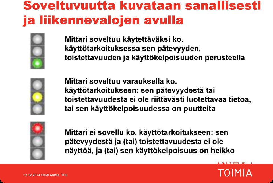 käyttötarkoitukseen: sen pätevyydestä tai toistettavuudesta ei ole riittävästi luotettavaa tietoa, tai sen