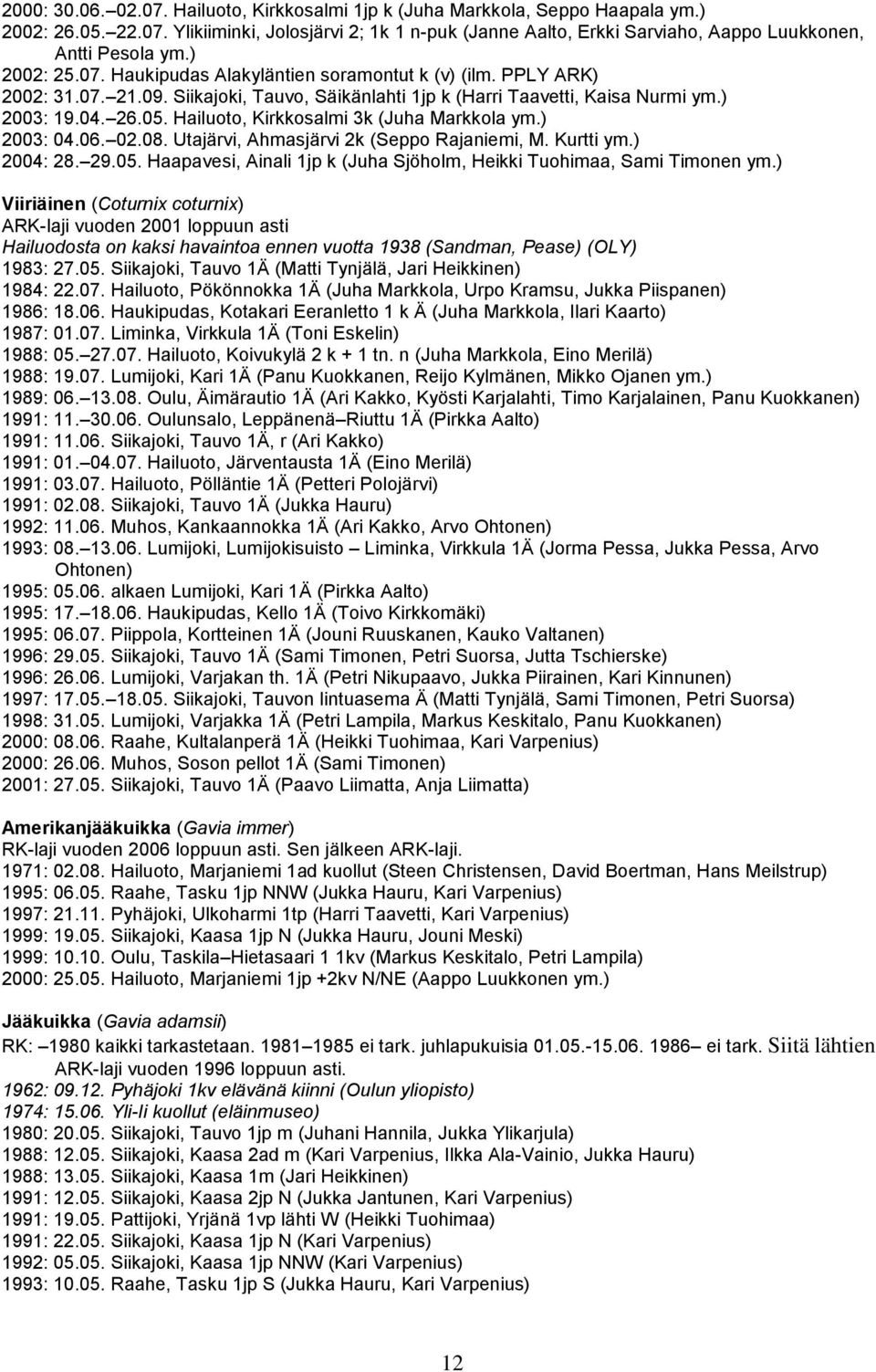 Hailuoto, Kirkkosalmi 3k (Juha Markkola ym.) 2003: 04.06. 02.08. Utajärvi, Ahmasjärvi 2k (Seppo Rajaniemi, M. Kurtti ym.) 2004: 28. 29.05.