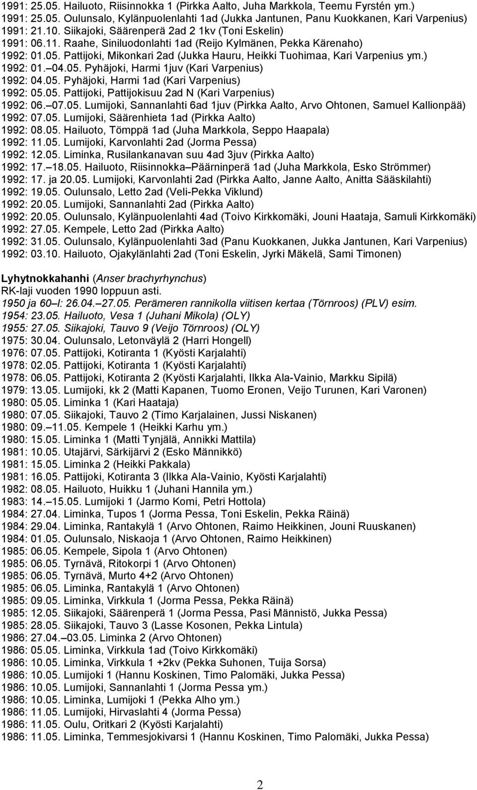 Pattijoki, Mikonkari 2ad (Jukka Hauru, Heikki Tuohimaa, Kari Varpenius ym.) 1992: 01. 04.05. Pyhäjoki, Harmi 1juv (Kari Varpenius) 1992: 04.05. Pyhäjoki, Harmi 1ad (Kari Varpenius) 1992: 05.05. Pattijoki, Pattijokisuu 2ad N (Kari Varpenius) 1992: 06.