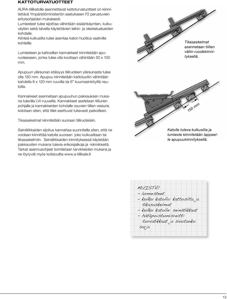 Lumiesteen ja kattosillan kannakkeet kiinnitetään apuruoteeseen, jonka tulee olla kooltaan vähintään 50 x 100 mm. Tikasaskelmat asennetaan tiilien väliin ruodekiinnityksellä.